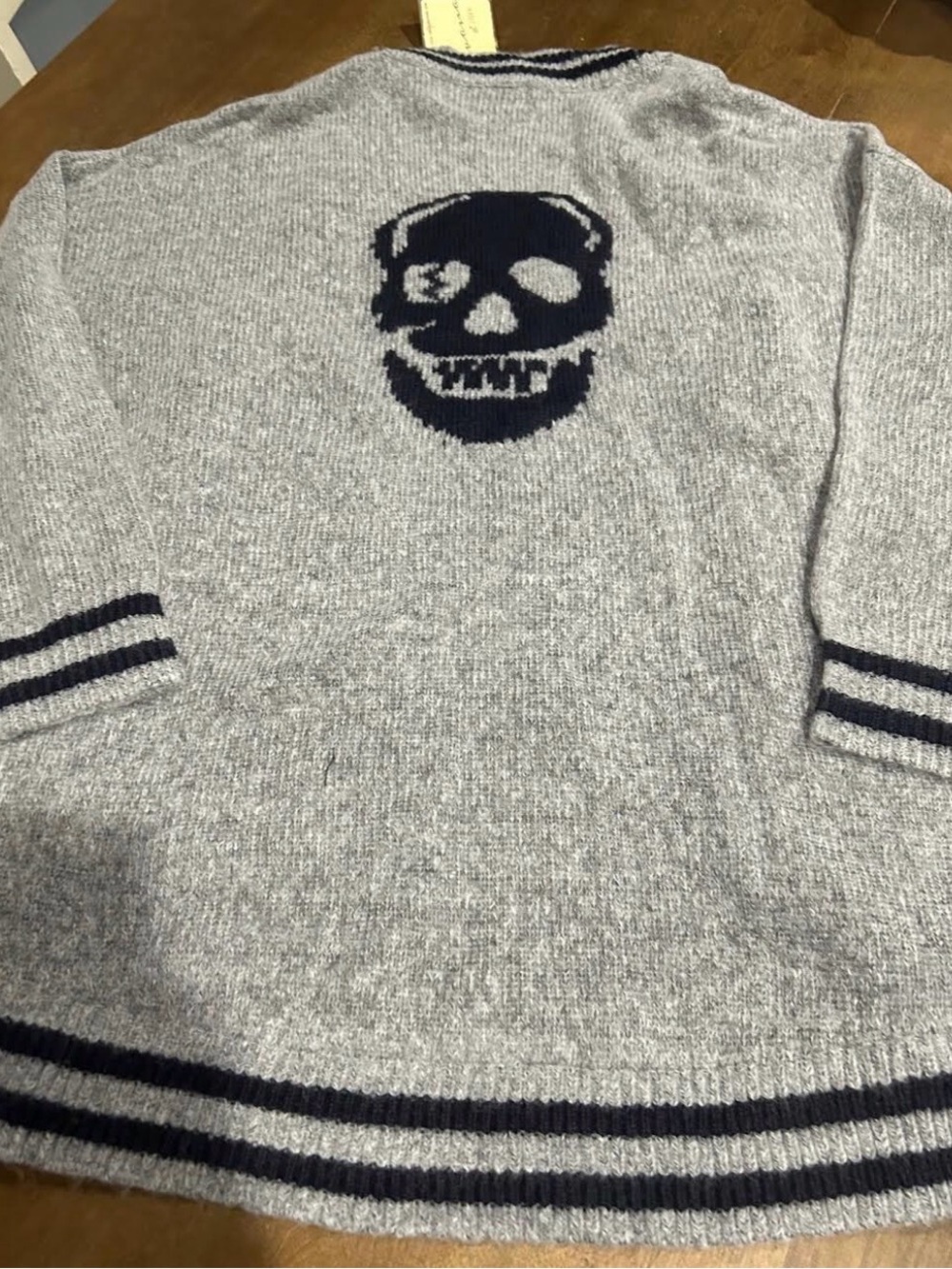 Vintage havanna Gray Knit womens Sweater with Navy Skull Motif